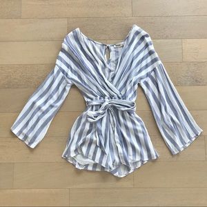Romper Cute White Blue Stripe Shorts and Sleeves